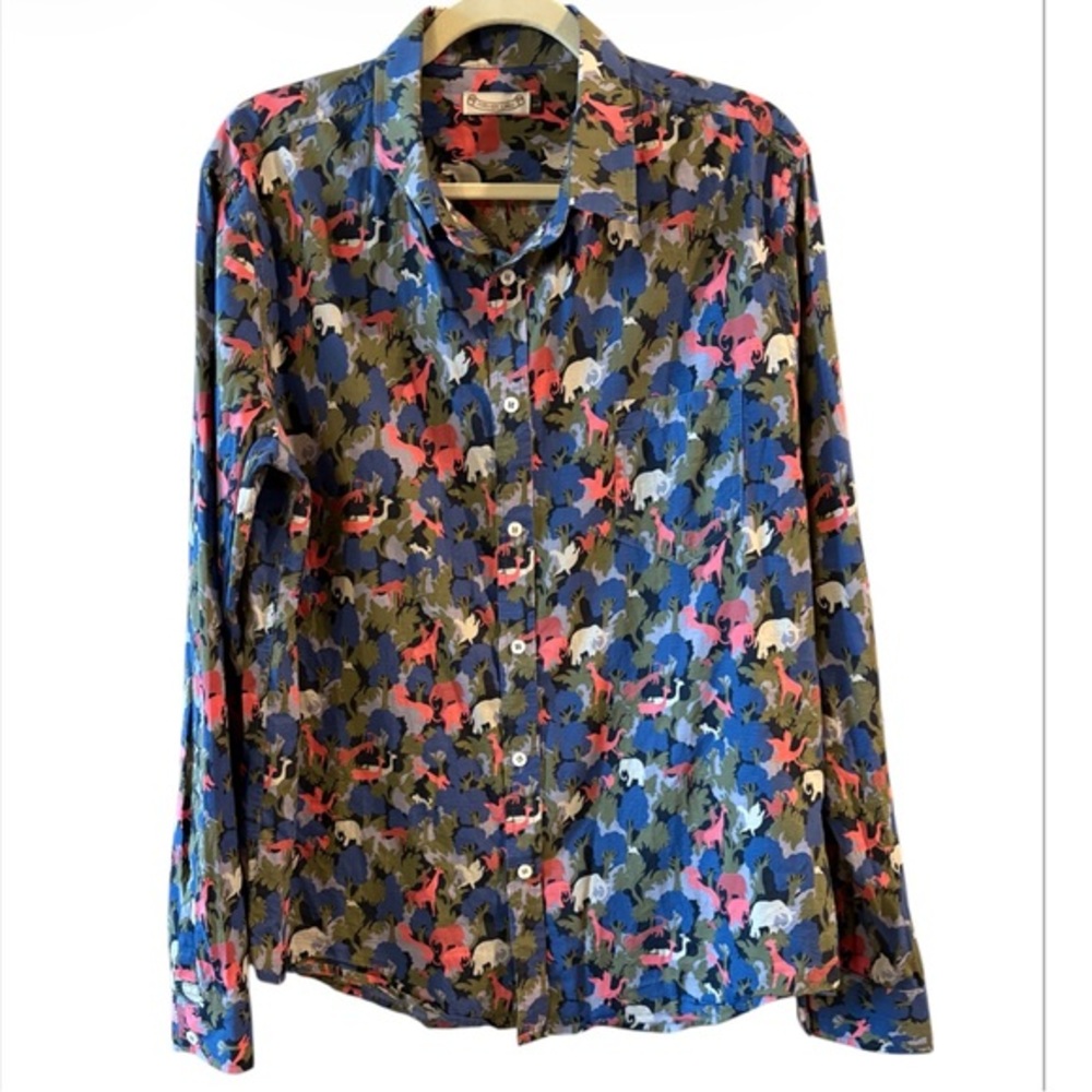 Oxford Lads Elephant Giraffe Bird Camo Novelty Print Long Sleeve Shirt Large